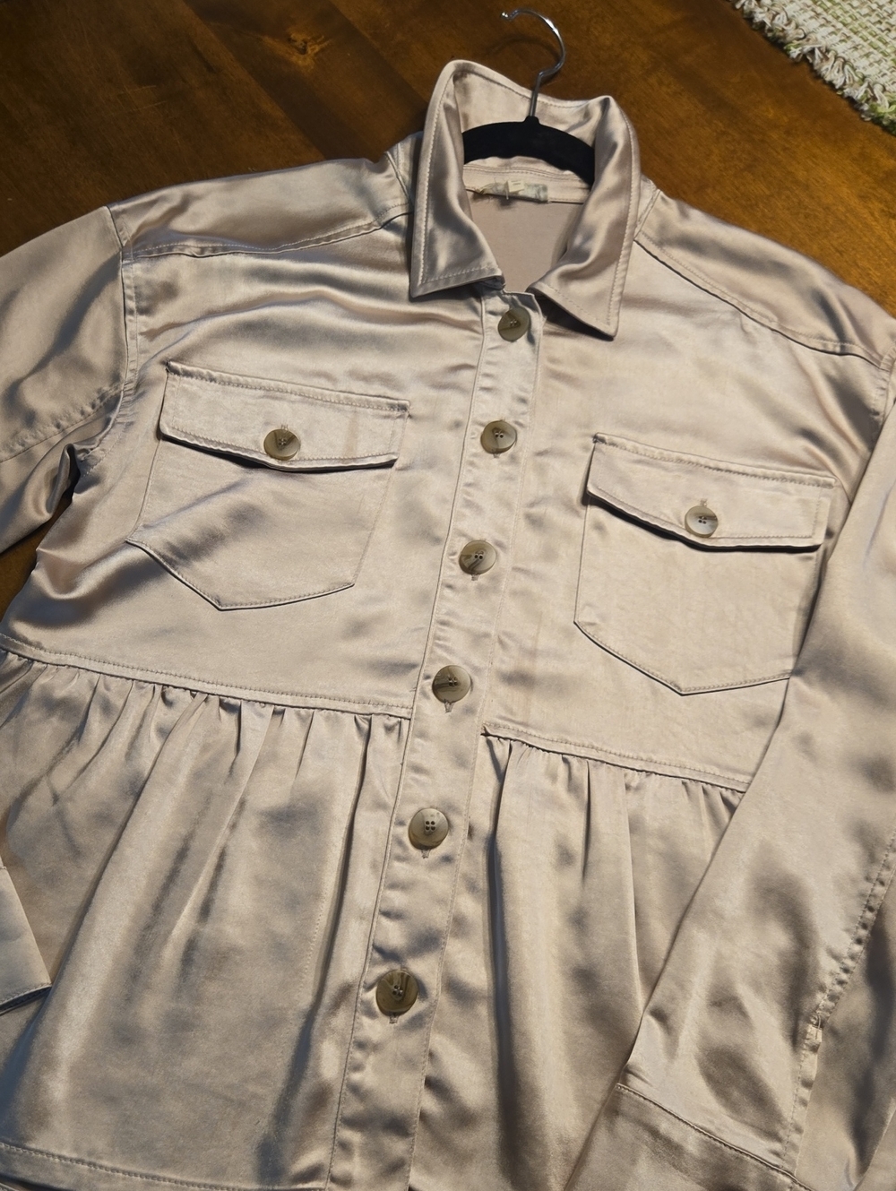 Satin Button-Front Peplum Shirt Jacket in Frosty Champagne Color.